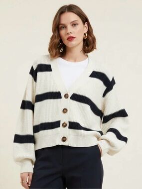 White & Navy Striped V-Neck Cardigan Knit Sweater